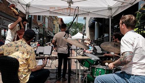 Dylan Perrillo Quintet during a summer performance on Caroline Street in Saratoga Springs